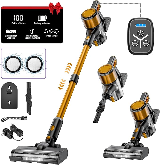 KIKETECH Cordless Vacuum Cleaner Stick Vacuum Cleaners for Home 6 in 1 Lightweight Vacuum for Pet Hair/Carpet/Floor (Yellow)