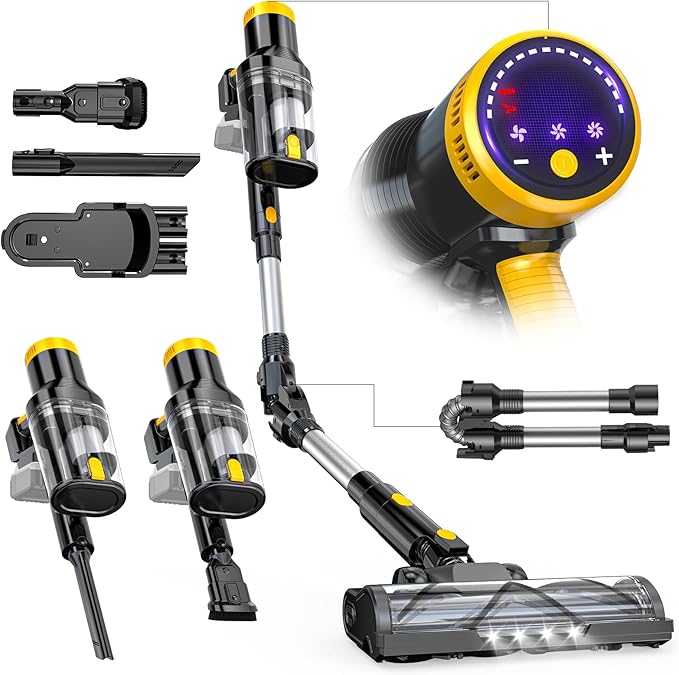 LIVOWALNY Cordless Vacuum Cleaner Compatible with DeWalt 20V Battery 350W Brushless 40kPa Suction 0.8L Dual Dust Cup LED Floor Brush &amp 180° Flex Wand for Hardwood &amp Carpet (Battery Not Incl
