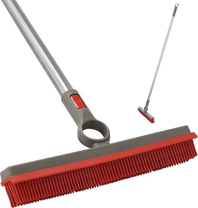 Premium Rubber Floor Brush with 11.5-Inch Squeegee &amp Stainless Steel Handle - for Carpets &amp All Surfaces - Pet Hair Fur Remover Broom - Extendable up to 56 Inches