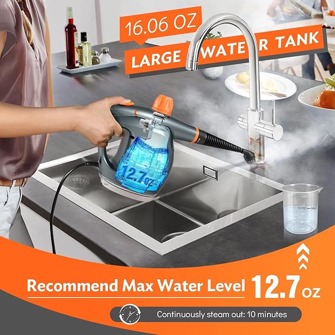1250W Powerful Handheld Steam Cleaner with Detergent Container &amp Safety Lock + NixtClean EM-317 Window/Door Cleaning Tool Bundle - Multifunctional Pressurized Hand Held Steamer for Kitchen/Bathroo