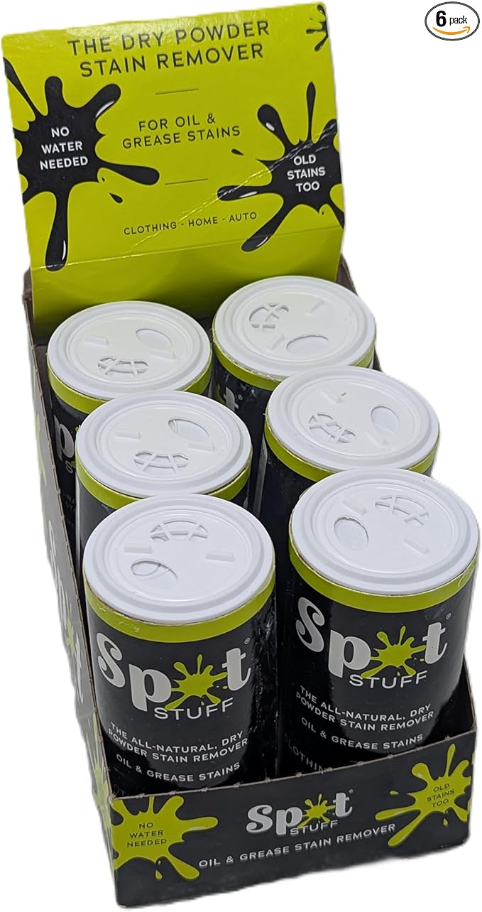 Spot Stuff Oil &amp Grease Stain Remover – All-Natural No Water Needed Dry Powder Formula – Works on Clothing Upholstery &amp Auto Interiors – 26g Shaker Bottle (Pack of 6)