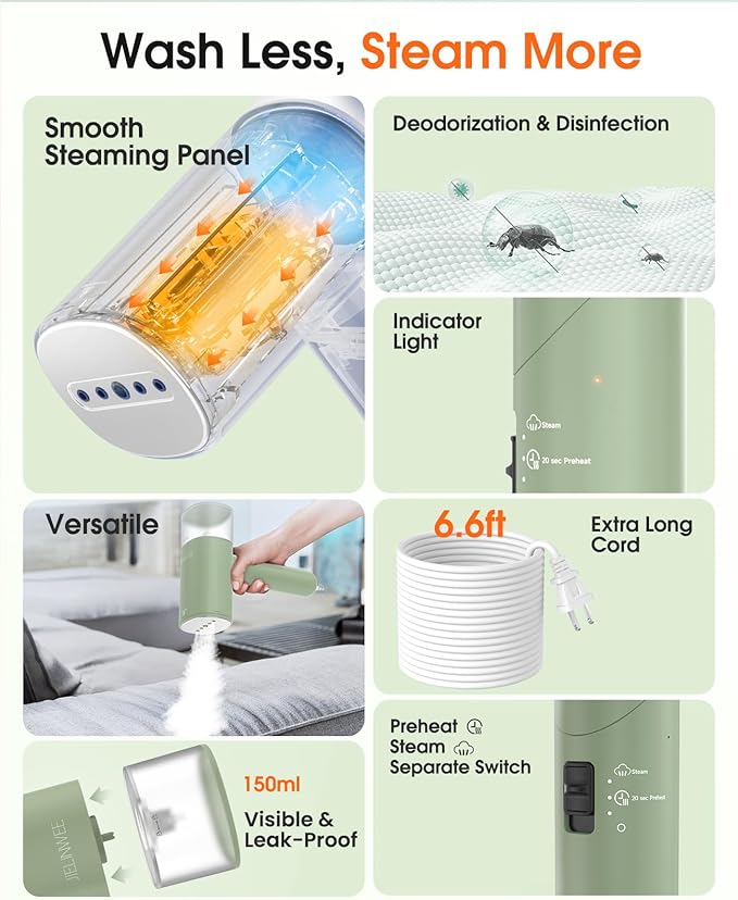 Handheld Steamer for Clothes 1200W Foldable Travel Steamer 20 Sec Preheat Garments Wrinkle Remover 120V Portable Hand Iron with 150ml Water Tank Clothes Steamer for Home Travel-Green