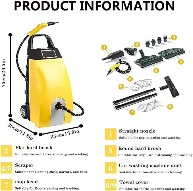 Commercial Steam Cleaner 3000W Portable 6Bar High Pressure 110°C/230℉ Handheld Steam Cleaning System for Kitchen Car &amp Multi-Surface Use75 x30x 35 cm