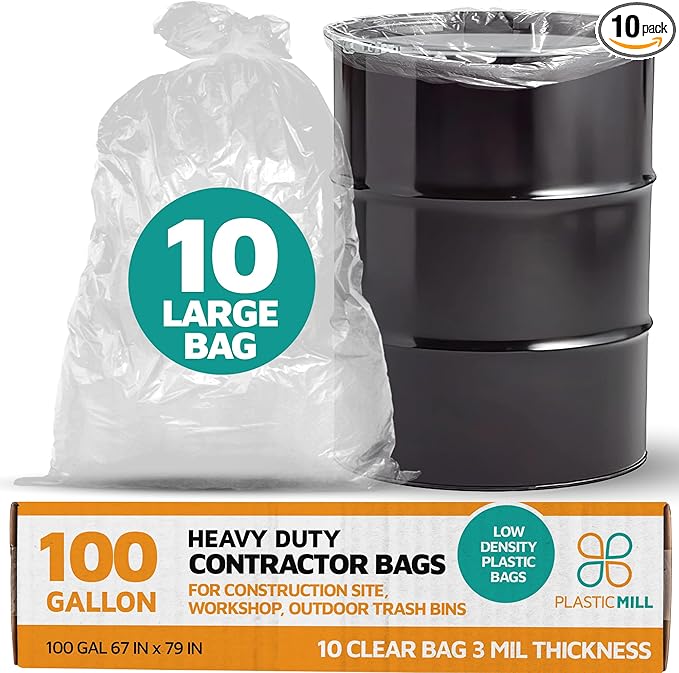 PlasticMill Contractor Bags Heavy Duty - Commercial Industrial Garbage Bags - Clear Construction Trash Bags - Outdoor Garden Trash Bags 100-Gallon 3 Mil 67x79 (10-Count)