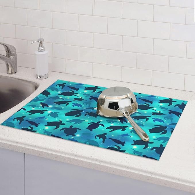 Sea Turtles Blue Dish Drying Mat For Kitchen Counter Absorbent Microfiber Dishes Pad Dish Drainer Rack Mats Fast Dry Reusable Washable Large 18x24