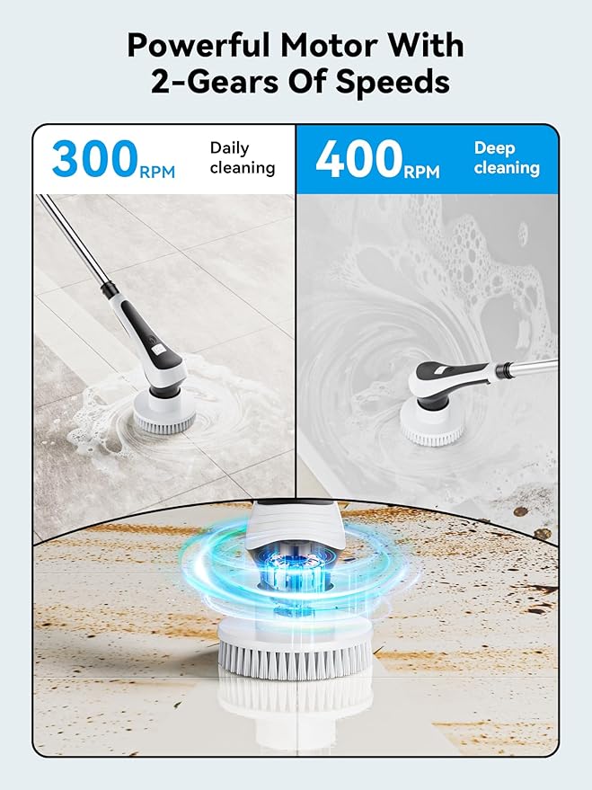 Electric Spin ScrubberCordless Cleaning Brush with Power Display ScreenIP68 Waterproof Shower Cleaning Brush with 8 Replaceable Brush HeadsAdjustable &amp Detachable Handle and 2 Adjustable Speeds