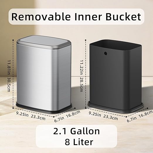 8L/2.1 Gal Small Bathroom Trash Can with Lid Swing-Top Rectangular Waste Bin Stainless Steel Garbage Can for Home Office Toilet Bedroom Living Room (Silver)