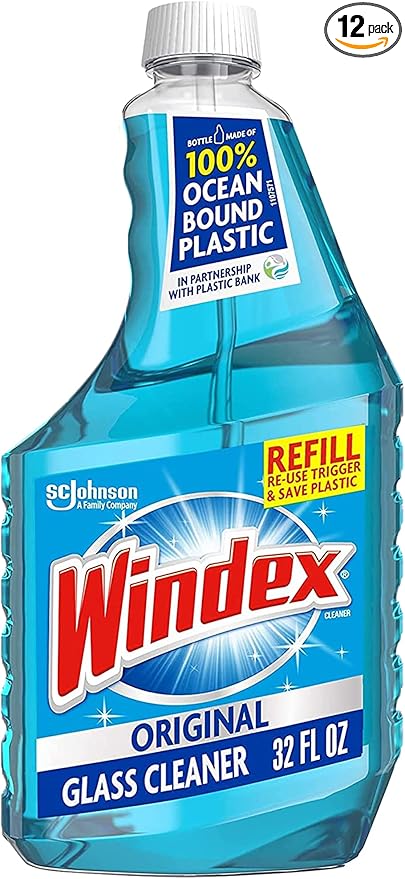 Windex Glass and Window Cleaner Refill Bottle Bottle Made from 100% Recycled Plastic Original Blue 32 Fl Oz (Pack of 12)