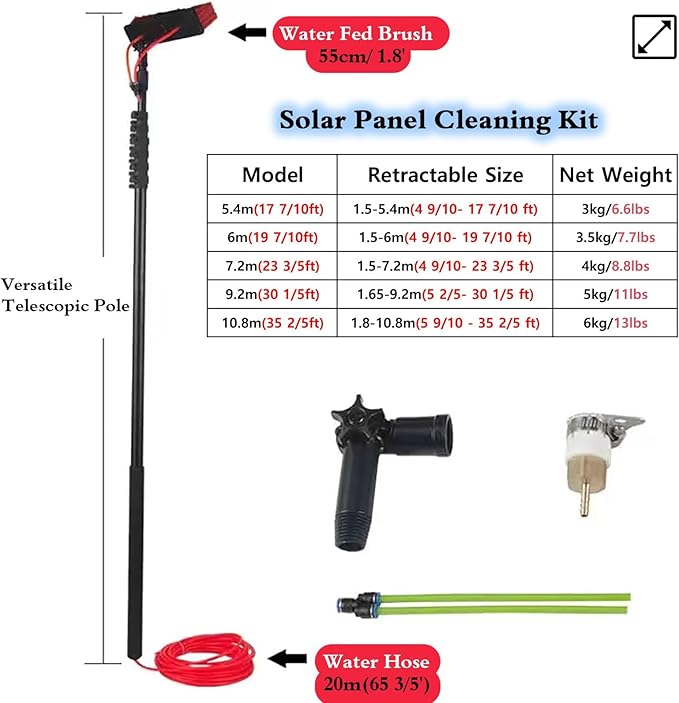 High Window Cleaning Brush with Telescoping Rod Water Fed Pole and 180° Rotatable Head Solar Panel Cleaner for House Siding/Trucks Glass 19.7ft Pole