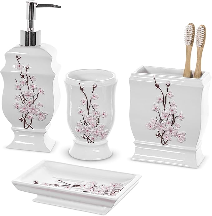Creative Scents Vanda Bathroom Set - Cherry Blossom White Bathroom Accessories Set - 4 Piece Floral Bathroom Soap Dispenser Set Includes: Lotion Dispenser Toothbrush Holder Tumbler &amp Soap Dish