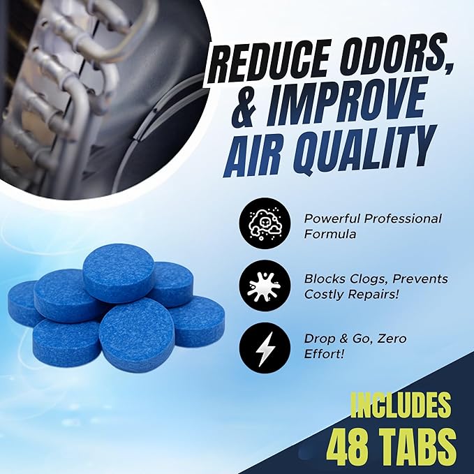 Air Pure Drain Pan Tabs - 48 Flow Treatment Tablets for HVAC &amp AC Condensate Pan Treatment | Prevents Overflow Cleans Drain Lines &amp Eliminates Odors