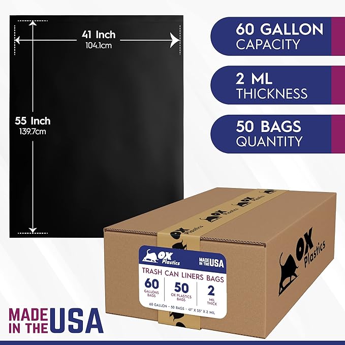 Ox Plastics 60 Gallon Trash Can Liners Bags - 50 Count Capacity &amp 2mil Thick Extra Heavy Duty Strength -Large Garbage Leak-Proof &amp Durable Bag Black