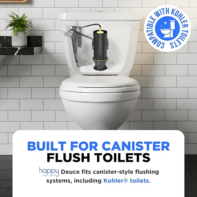 Happy Toilet Cleaner Deuce - Compatible w Kohler Toilets &amp Canister Flushing Systems - Automatic Toilet Bowl Cleaner 5-Pack - Easy to Install Toilet Tablet Holder Self-Cleaning Toilet System