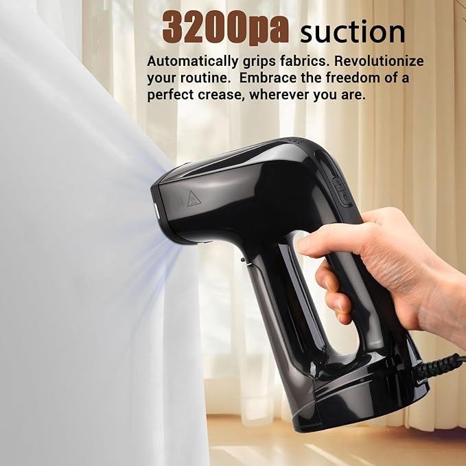Vacuum Steamer for Clothes 3200Pa Suction Handheld Clothes Steamer Dual Mode LED Display Portable Travel Steamers for Clothes Steaming &amp Ironing 2 In 1 160ml Water Tank (for 110-120V) - Blac