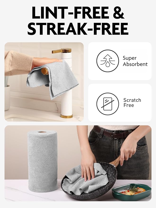 Fantasticlean Microfiber Cleaning Cloth Roll -150 Pack Tear Away Microfiber Towels 12 x 12 Reusable Washable Ultra Absorbent Dishcloth for All-Around Cleaning Supplies (Pink &amp Grey)