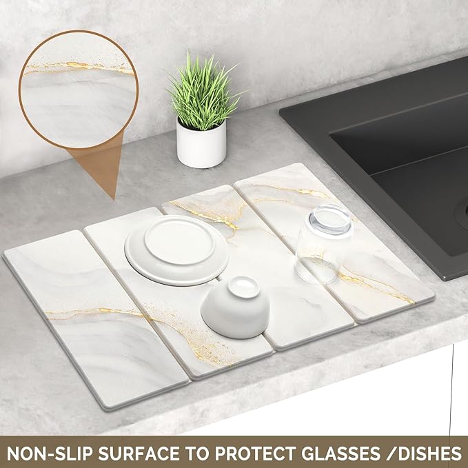 Large Stone Dish Drying Mat for Kitchen Counter 2 PCS Quick Dry Stone Mats Foldable Water Absorbing Diatomaceous Earth Drying Dishes Pad for Countertop Bottle Utensil Cup(Yellow White 24x16&amp8