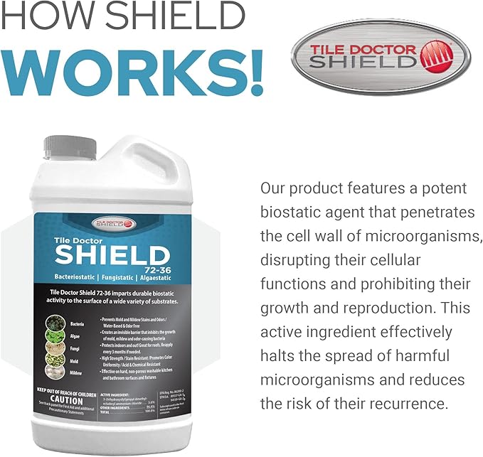 Shield Mold Mildew and Algae Stain and Odor Remover Indoor and Outdoor Cleaner for Bathroom Shower Kitchen Roof Stone Wood Carpet and More by Tile Doctor - 32 FL OZ