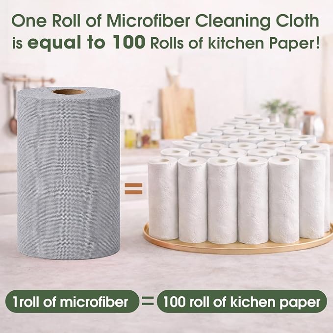 Microfiber Cleaning Cloth Roll - 100 Pack Tear Away Microfiber Paper Towels Reusable Washable Scratch-Free Kitchen Towels for Car Home Kitchen Glass Dishes(Cloud Gray)
