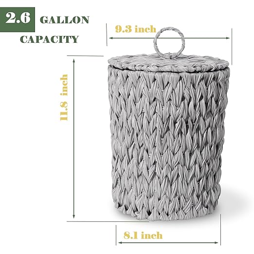 Plastic Wicker Trash Can with Lid - 2.6 Gallon Small Garbage Can with Removable Liner Bucket for Bedroom Bathroom Living Room - Boho Hand Woven Waste Basket for Home Office Grey