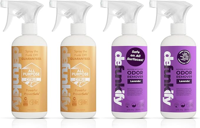 Get Messy Bundle- 2Pk 'Lavender' Essential Oil Odor Eliminator Deodorizer &amp 2Pk 'Citrus' Multi-Surface Cleaning Spray for Bathrooms Kitchens Floor - Stone &amp Marble