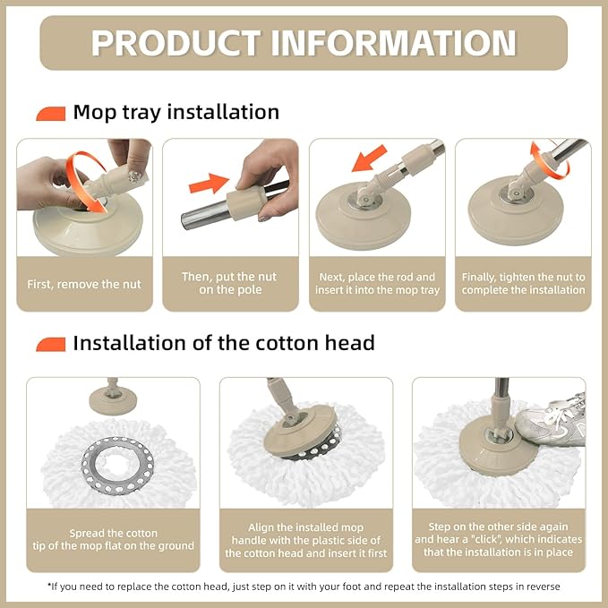 Spin Mop Replacement Handle 47.6-inch 360 Degrees Rotating Telescopic Replacement Mop Stick with Robust Reinforced Plastic Disc for Spin Mop Bucket Cleaning System (Plastic DiscKhaki)