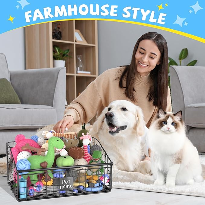 Indestructible Dog Toy basket Medium Toy Box for DogsPet Toy Bin Dog Metal Basket for Toys Toy Storage Organizer Toy Box for Living Room Area (Black)