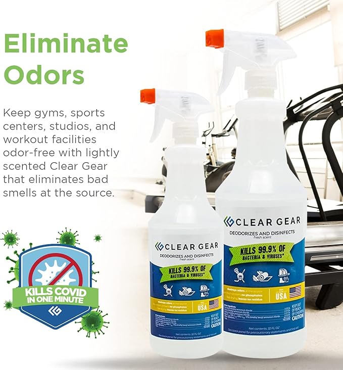 Clear Gear Gym Disinfectant Yoga Mat Cleaner Deodorizer For Sports Equipment Gyms and Fitness Centers - Mixed Pack - 16 Oz and 32 Oz Bottle Hospital grade Disinfectant Spray Pack