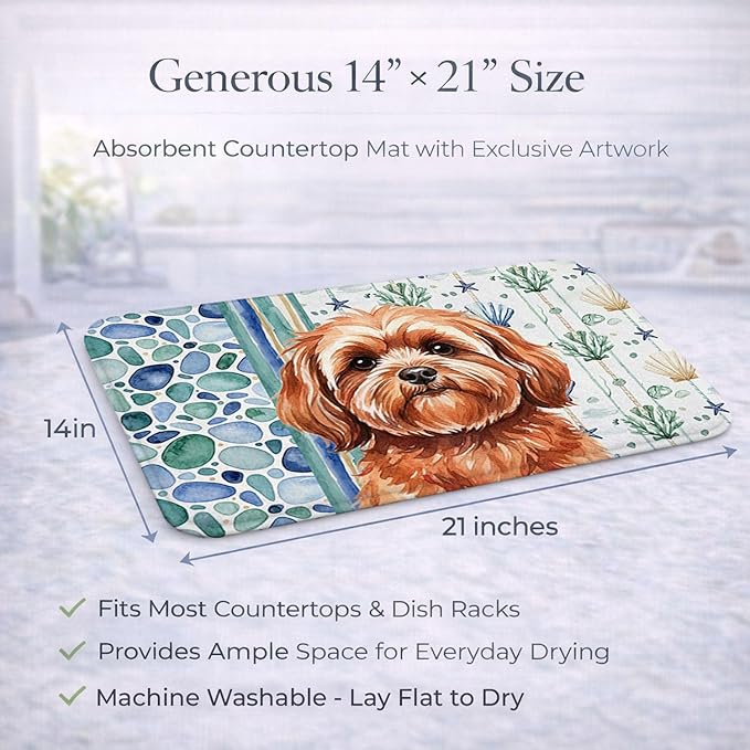 Caroline's Treasures Red Lhasa Apso Coastal Sea Glass Dish Drying Mat Absorbent Dish Drying Mat Pad for Kitchen Counter Dish Drainer Mat for Countertop 14 x 21 Multicolor