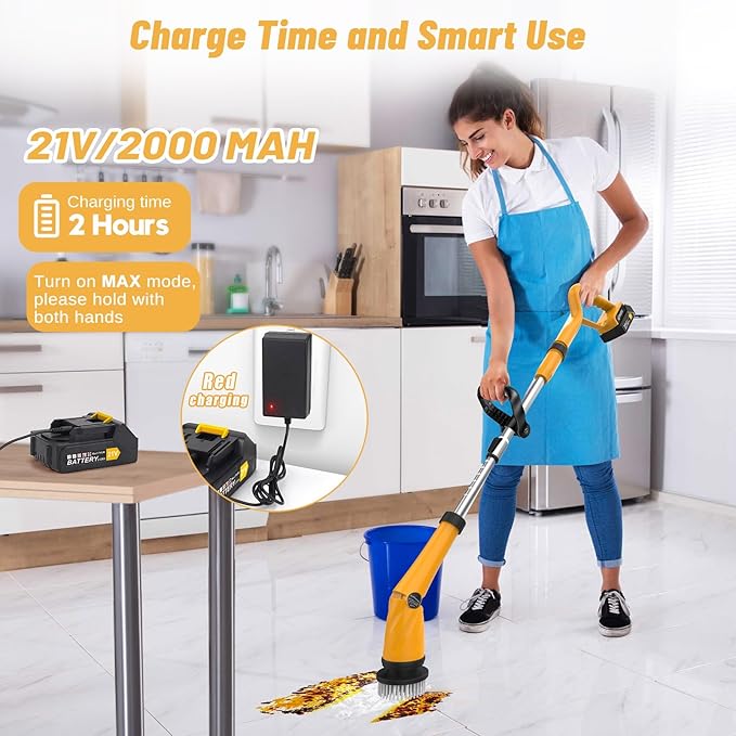 Qimedo 1500 RPM Electric Spin Scrubber with Two Batteries Q2 Pro Cordless Battery Powered Shower ScrubberElectric Tile Floor Scrubber with Display for Grout/Tile/Tub (Effortless Handle/8 Brushes)