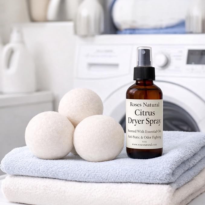 Wool Dryer Balls &amp Dryer Spray Bundle – 3 Reusable Dryer Balls + Plant-Based Essential Oil Dryer Spray Natural Fabric Freshener Anti-Static &amp Odor Fighting (Citrus)