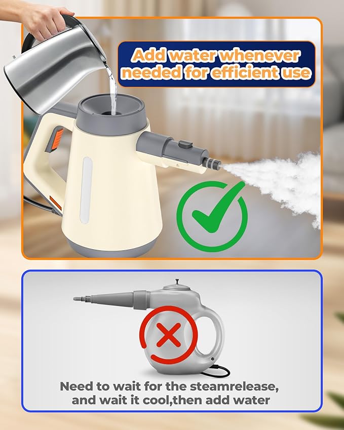 Handheld Steam Cleaner for cleaning 1500W 15s Fast-Heat Lockable Steam Trigger &amp Accessories No Cooling Add Water Anytime Multi-Steam Cleaner for Home Car Bathroom Kitchen Upholstery Gro