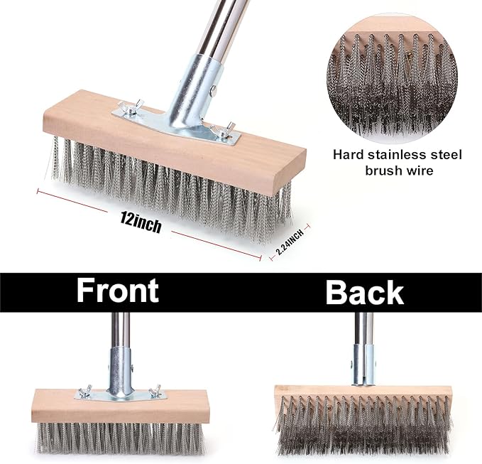 Stainless Steel Wire Scrub Brush with 63 Long Handle 2PCS 12 Brush Heads Heavy Duty Large Wire Brush Stiff Metal Bristle Floor Scrubber Patio Floor Cleaning Wire Broom for Concrete Deck Moss