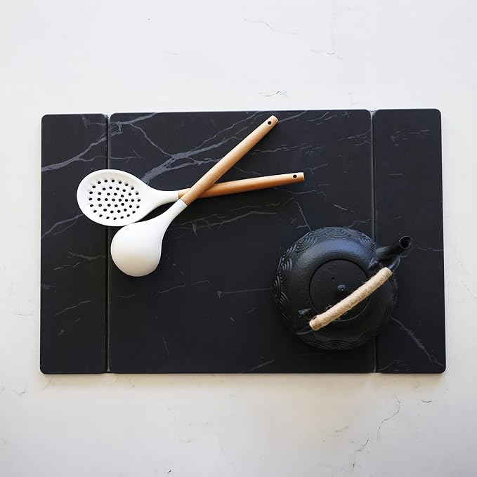 Selegna Collapsible Stone Drying Mat for Kitchen Counter – Tri-Panel Dish Drying Mat Made from Diatomaceous Earth | Quick Dry Diatomite Mat for Sink Countertop &amp Dishes (Charcoal)