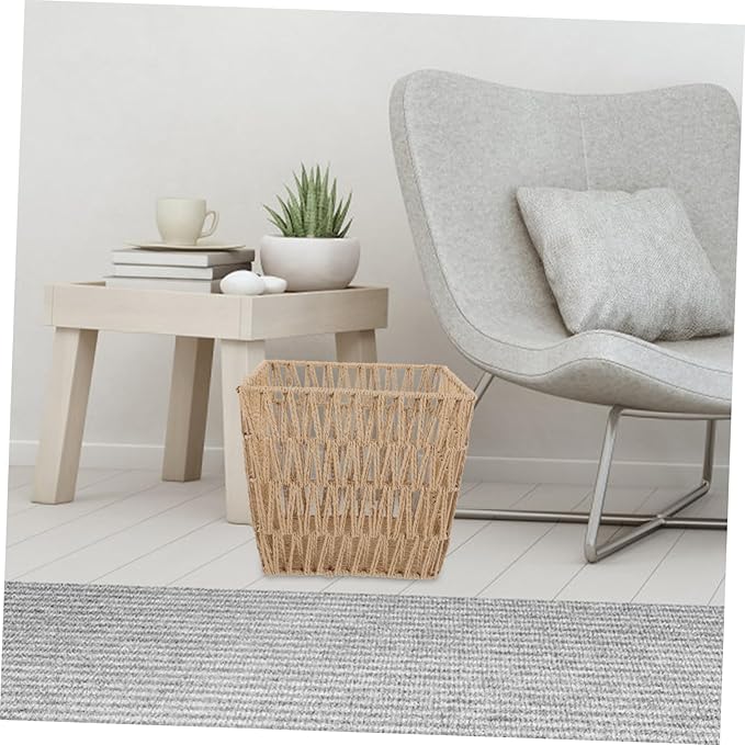 OUNONA Handwoven Trash Can Openwork Design Natural Woven Wastebasket for Home Office and Bathroom Storage