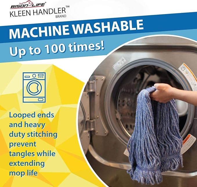 KLEEN HANDLER General Cleaning Mop Heavy Duty Commercial Replacement Wet Industrial Blue Cotton Looped End String Head Refill (Pack of 3)
