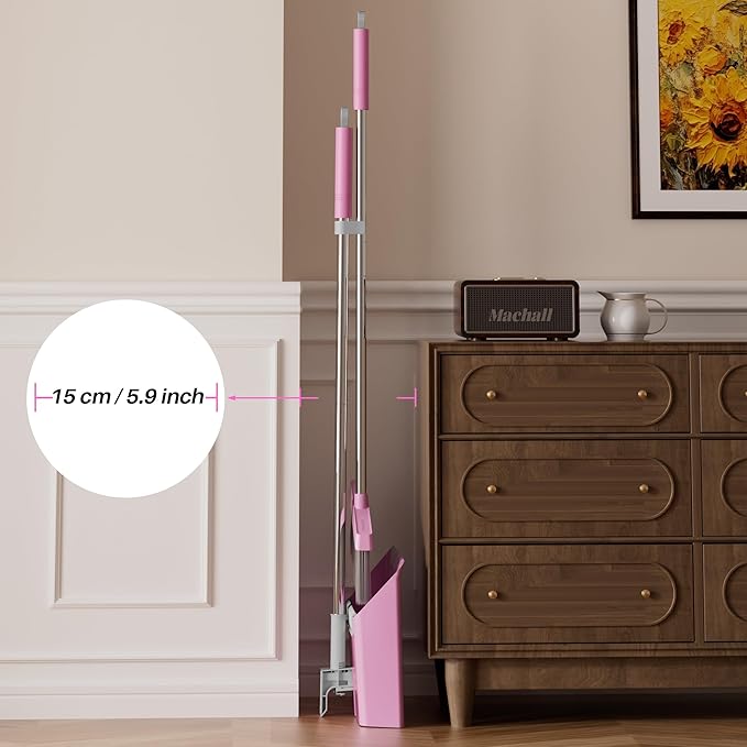 JOYMOOP Pink Broom and Dustpan Set with 56” Handle Upright Angle with Built-in Comb Teeth for Hardwood Floors and Pet Hair