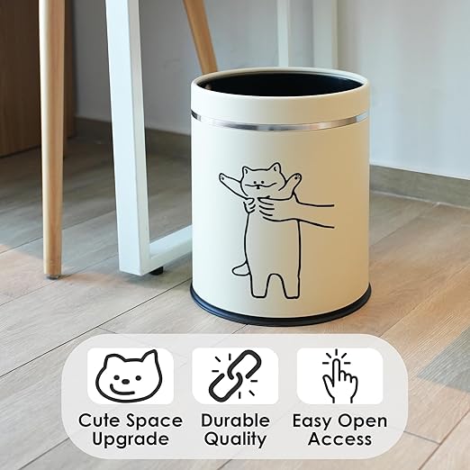 Juju Cat Trash Can - Cat Decor Garbage Can - Small Waste Basket for Bedroom - Garbage Bin Trashcan - Wastebasket Dustbin Trash Cans - 3.3 Gallon / 12.5 Liter (Hey)