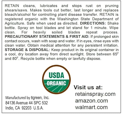 RETAIN Organic Pruning Tool Cleaner No Rust &amp Lubricant 4 oz 3 Pack