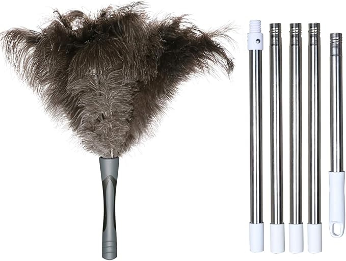 Gray Ostrich Feather Duster with 71Inch PoleExtendable Microfiber Duster for Home Cleaning