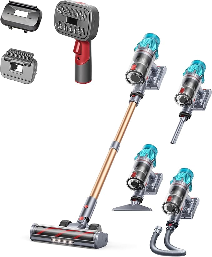 Fieety V7 Cordless Vacuum Cleaner Bundled with 3-in-1 Dog &amp Cat Hair Vacuum Brush for Grooming