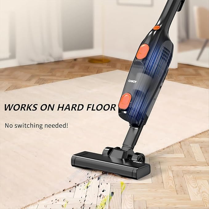 Candy Corded Stick Vacuum Cleaner Powerful Suction Handheld Vacuum with One-Click Dust Disposal 3-in-1 Use for Hard Floor Ceramic Tile 0.8 Liters Capacity Easy Clean