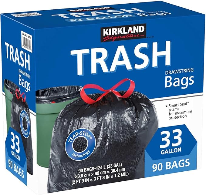 Kirkland Signature Carton is 100% recyclable 33 Gallon Black Drawstring Trash Bag 90 CountTear-Stop Technology