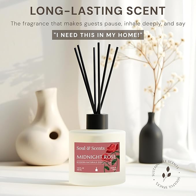 Soul &amp Scents Reed Diffuser Set – Midnight Rose | 7.43 oz Refillable Scented Oil with 6 Fiber Sticks | Long-Lasting Home Fragrance &amp Air Freshener for Bedroom Bathroom Office | Gift &amp Dé