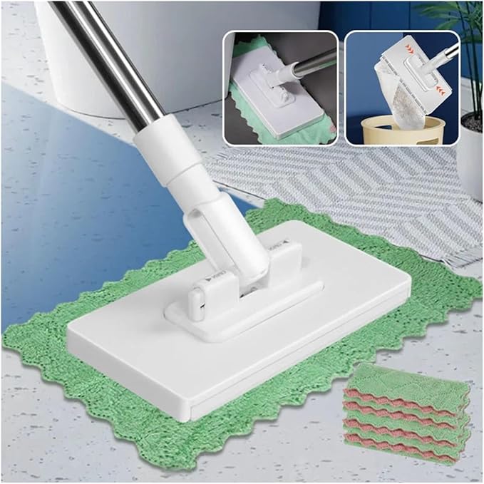 Compatible for with 3 Reusable Cloths Hands-Free Mop 360° Rotating Head Clamping Dust Mops Towel Removal(Mop with 5 Cloths)