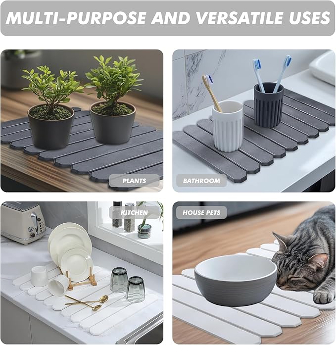 Stone Drying Mat for Kitchen Counter Quick Drying Stone Dish Drying Mat Diatomaceous Earth Drying Mat for Kitchen Counter Dish Drying Mat Foldable  Quick Drying Stone Mat (Grey 24×16)
