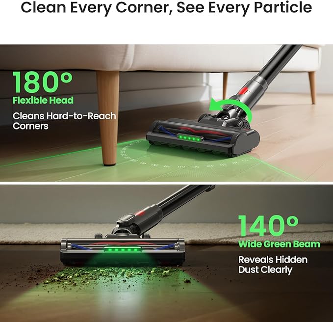 Xlife Cordless Vacuum Cleaner 45KPa 550W for Pet Hair &amp Multi-Surface Greenlight Reveal Dust 7-Stage HEPA Filter Long Runtime Anti-Tangle Roller Adjustable Stick Lightweight (P2)