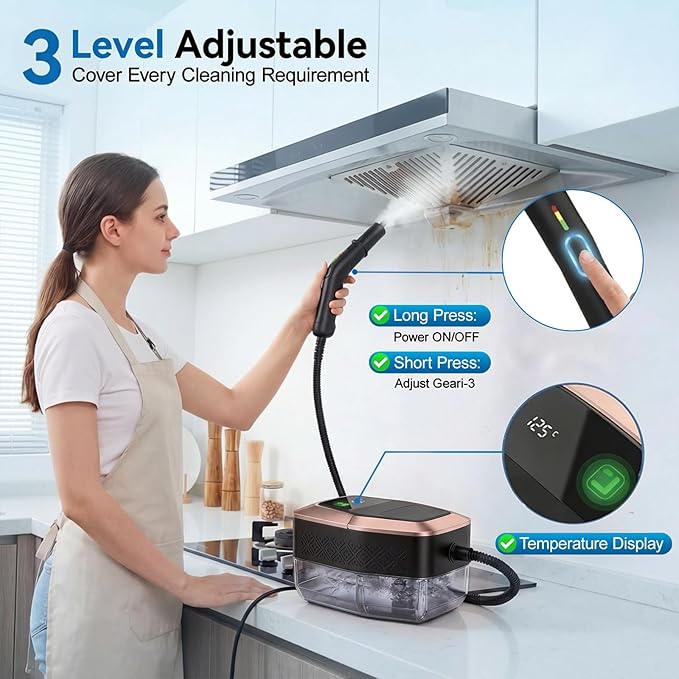 Steam Cleaner 3 Level Adjustable Pressurized Steam Cleaner for Home 10s Heat-Up Handheld Steamer for Cleaning 1.9 Qt Tank Portable Steam Cleaner for Car Home Tile Grout (Black)