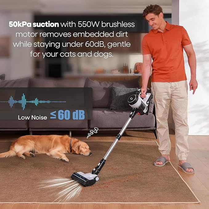 YONNDER Cordless Vacuum Cleaner 550W 55KPA 70Mins Powerful Vacuum Cleaners for Home with Anti-Tangle LED Display Screen Self-Standing Stick Vacuum for Hardwood Floors/Pet Hair/Carpet M1