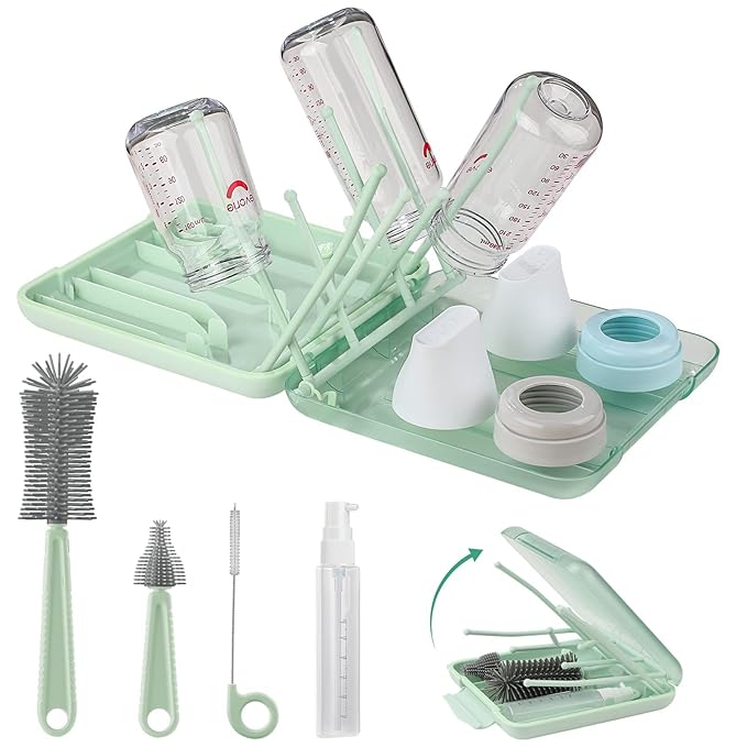 6 in 1 Bottle Cleaner Brush Set with Travel Bottle Drying Racks360° Cleaning Baby Bottle BrushNipple BrushStraw Cleaner BrushSoap Dispenser &amp Organizer CaseBaby Essentials for Home&ampTravel