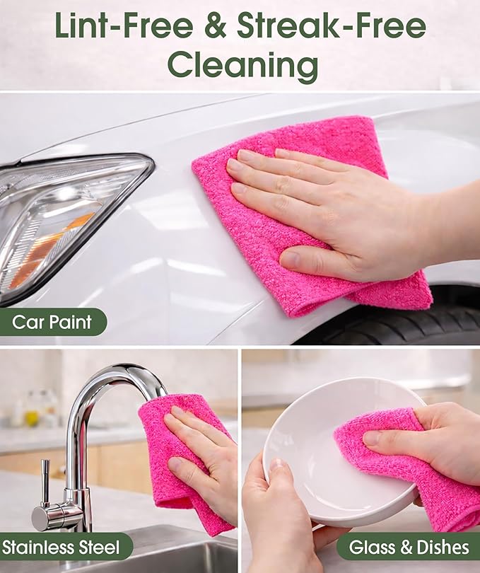 Microfiber Cleaning Cloth Roll - 100 Pack Tear Away Microfiber Paper Towels Reusable Washable Scratch-Free Kitchen Towels for Car Home Kitchen Glass Dishes (Hot Pink)